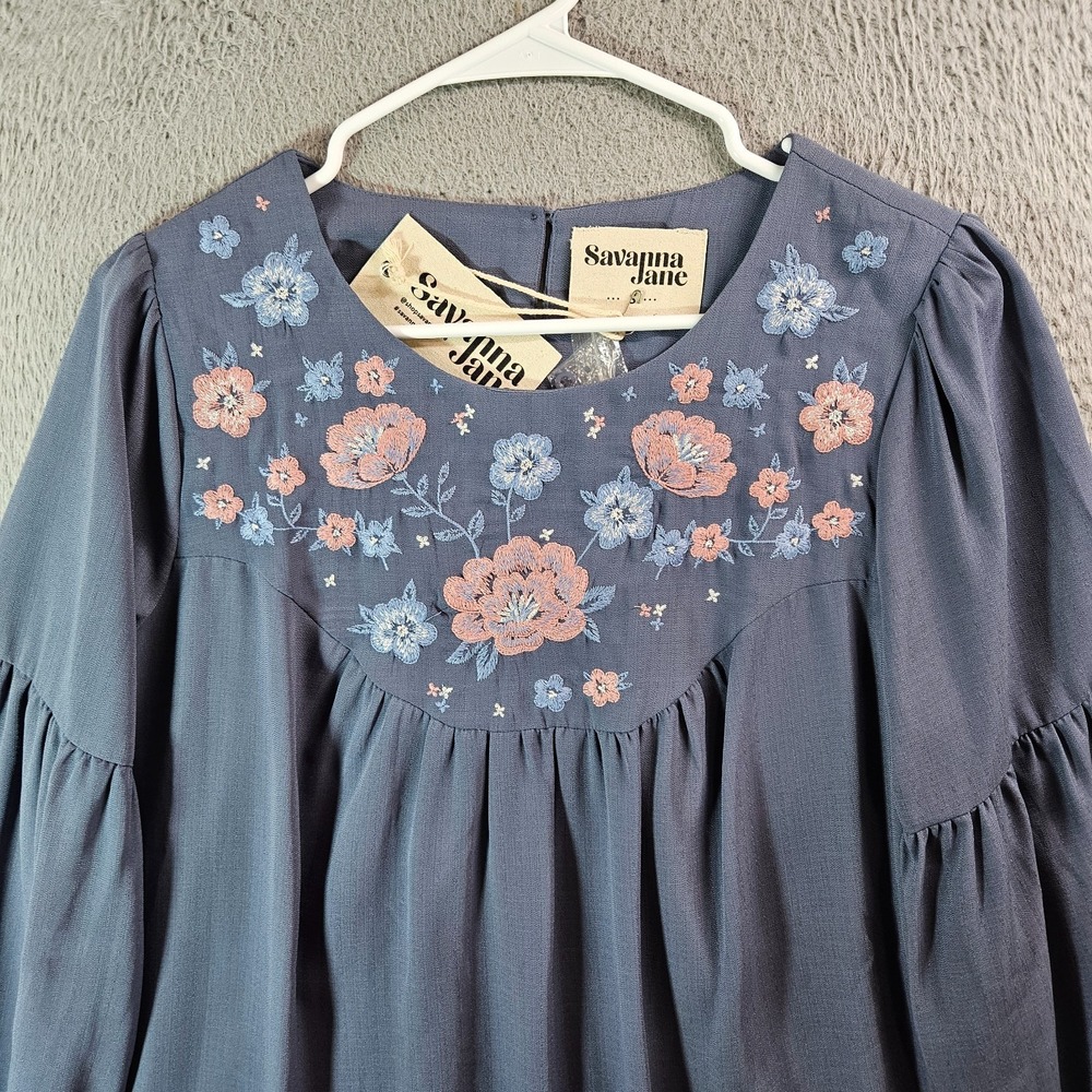 NEW Savanna Jane Dress Small Floral Embroidered Lined Gray Purple